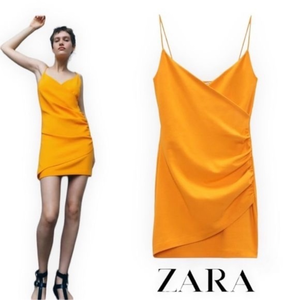 Zara‎ tangerine orange v neck strap mini dress w/ side ruching & layering detail